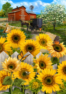 Briarwood Lane Country Sunflowers Summer Garden Flag with colorful floral barn and horse buggy scene.