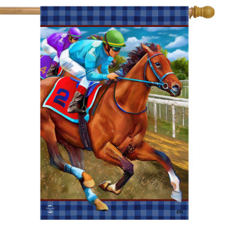Briarwood Lane printed house flag with jockey and thoroughbred horse on racetrack, colorful seasonal yard decor.