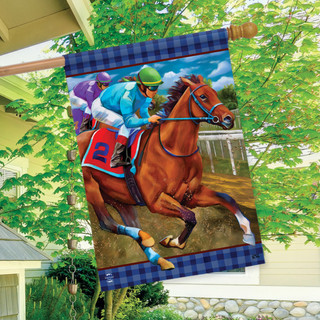 Briarwood Lane horse racing flag with jockey on brown horse on racetrack, colorful spring decor.