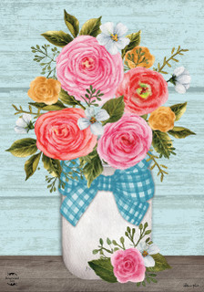 Briarwood Lane Rose Jar Spring House Flag with colorful floral design and blue gingham bow detail.