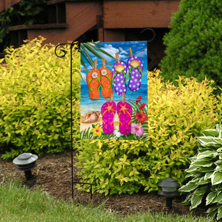 Briarwood Lane small printed garden flag with colorful flip-flops, flowers, and palms for summer porch display.