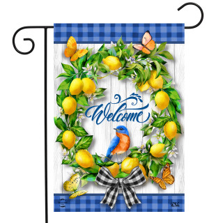 Briarwood Lane small printed garden flag with lemon wreath, butterflies, and welcome, plaid accents.