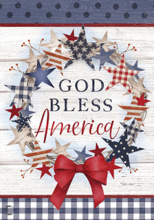 Briarwood Lane American Wreath Rustic Garden Flag with plaid stars and red bow, patriotic USA design.