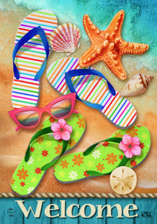 Briarwood Lane Surfside Flip Flops Summer Garden Flag with colorful flip-flops, starfish, and welcome message.