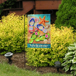Briarwood Lane garden flag with colorful flip-flops, starfish, seashells, and welcome message for spring summer.