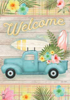 Briarwood Lane Tropical Pickup Truck Summer Garden Flag with colorful floral design and welcome message.