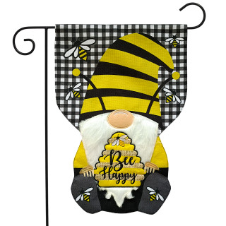Briarwood Lane Bee Happy Gnome garden flag, colorful springtime decor for porch, yard, or patio display.