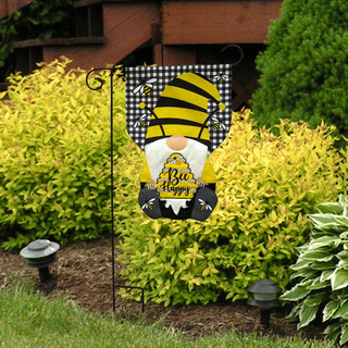 Briarwood Lane Bee Happy Gnome garden flag, small, colorful, printed decorative flag for spring summer porch display.