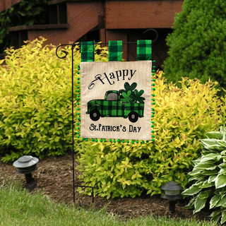 Briarwood Lane St. Patrick's checkered truck burlap garden flag with green, gold, and white shamrock design.
