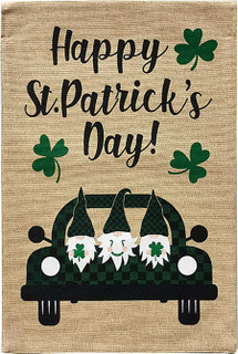 Briarwood Lane Happy St. Patrick's Gnomes Burlap Garden Flag with green gnomes and shamrocks.
