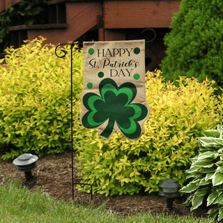 Briarwood Lane small printed garden flag with Happy St. Patrick's Day shamrock in gold and green.