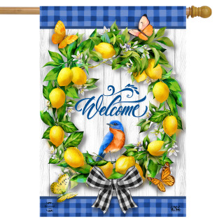 Briarwood Lane Lemon Wreath Spring House Flag with colorful butterflies and plaid accents welcomes spring.