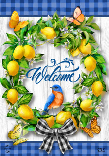 Briarwood Lane Lemon Wreath with colorful butterflies, blue bird and 'welcome' on a plaid background.