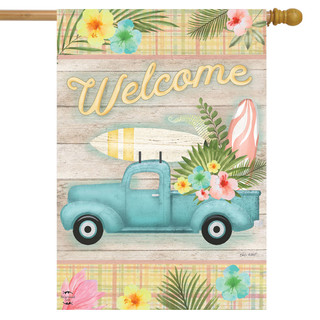 Briarwood Lane Tropical Pickup Truck Summer House Flag, colorful seasonal decor for spring and summer.