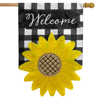 Briarwood Lane Sculpted Sunflower House Flag, black and white checkered with bright yellow sunflower decoration.