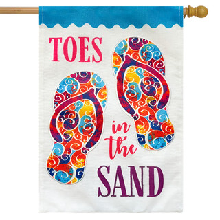 Briarwood Lane Toes In The Sand burlap house flag with colorful flip flops and springtime design.