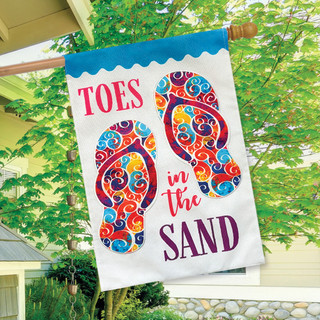 Briarwood Lane Toes In The Sand burlap house flag with colorful flip flops and text.
