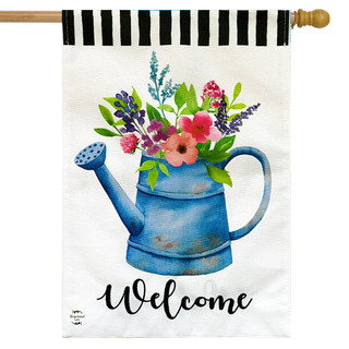 Briarwood Lane Welcome Watering Can spring burlap house flag with colorful flowers and cheerful welcome sign.