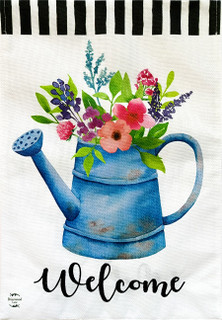 Briarwood Lane Welcome Watering Can spring burlap house flag with colorful flowers and cheerful welcome sign.
