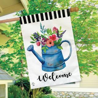 Briarwood Lane Welcome Watering Can Spring Burlap House Flag with colorful flowers and 'Welcome' text.