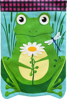 Briarwood Lane Daisy Frog house flag with colorful springtime design on burlap material for lawn display.