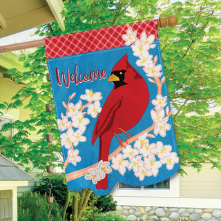 Briarwood Lane Spring Cardinal Welcome Burlap House Flag with colorful floral design and cheerful red cardinal.
