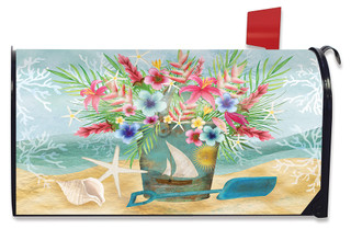 Briarwood Lane Coastal Flowers Summer Mailbox Cover with colorful floral bouquet and sailboat beach design.