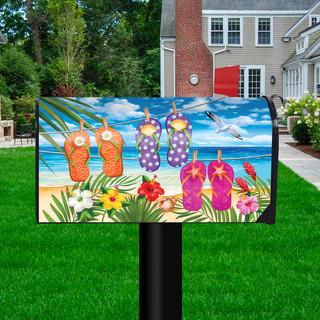Briarwood Lane Hanging Flip Flops Summer Mailbox Cover with colorful flip-flops and tropical floral design.
