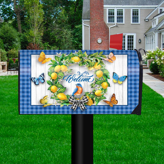 Briarwood Lane Lemon Wreath Spring Mailbox Cover with colorful butterflies and plaid border.