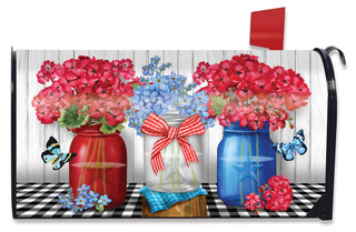 Briarwood Lane Red White And Blue Jars Floral Mailbox Cover with flowers and butterflies design.