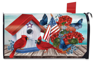 Briarwood Lane American Cardinal Mailbox Cover with patriotic floral design and red, white, blue colors.