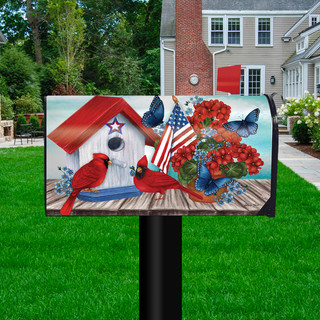 Briarwood Lane American Cardinal Mailbox Cover with patriotic floral design and red cardinals on a deck.