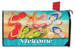 Briarwood Lane Surfside Flip Flops Summer Mailbox Cover with colorful flip-flops and welcome shoreline design.