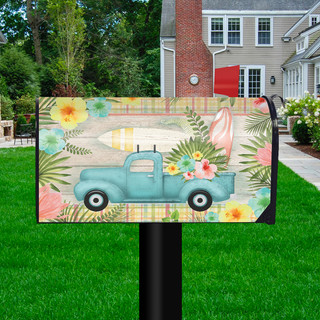 Briarwood Lane Tropical Pickup Truck Summer Mailbox Cover with colorful floral and surfboards on plaid background.