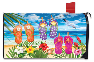 Briarwood Lane colorful flip flops hanging on line on vibrant beach scene mailbox cover display.