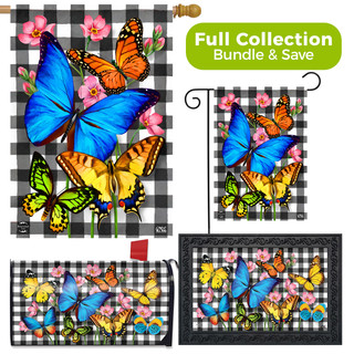 Briarwood Lane Checkered Butterflies Spring Design Collection garden flag, doormat, and mailbox cover with flowers.