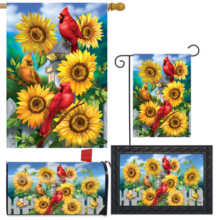 Briarwood Lane Cardinals and Sunflowers design collection garden flag, house flag, and mailbox cover set.