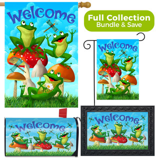 Briarwood Lane Happy Frogs Summer Design Collection garden flag, mailbox cover, and doormat with floral frogs.