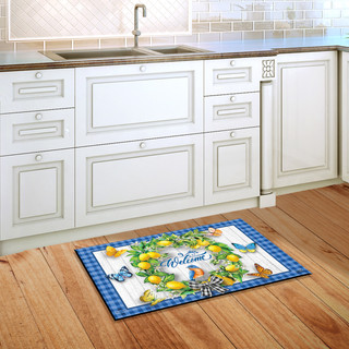 Briarwood Lane small printed Lemon Wreath Spring doormat with plaid border and butterflies on kitchen floor.