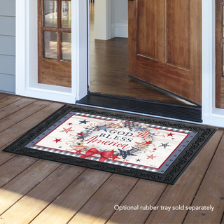 Briarwood Lane American Wreath Rustic Doormat with patriotic stars and stripes pattern on porch floor.