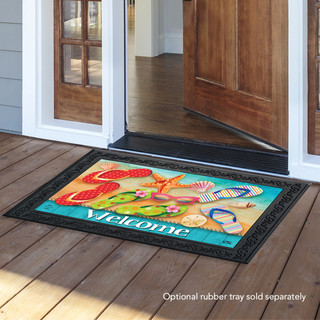 Briarwood Lane Surfside Flip Flops colorful doormat with seashells and starfish on wooden porch outside doorway.