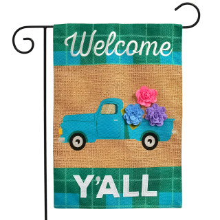 Briarwood Lane small printed garden flag with colorful springtime truck design on burlap background.