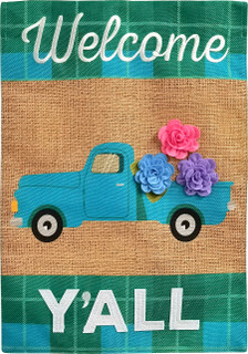 Briarwood Lane small printed Welcome Y'all Spring Burlap Garden Flag with colorful flowers and truck design.