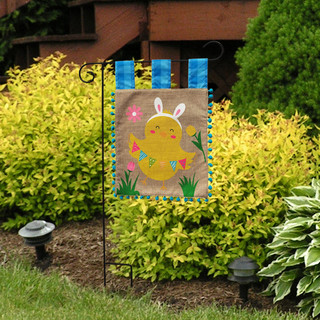 Briarwood Lane Happy Easter burlap garden flag with colorful bunny and blue accents on display outdoors.