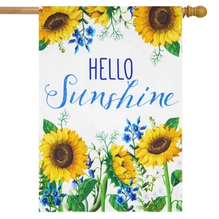 Briarwood Lane Hello Sunshine small printed house flag with colorful sunflowers and blue flowers design.