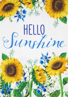 Briarwood Lane Hello Sunshine small printed burlap house flag with colorful sunflowers and blue flowers.