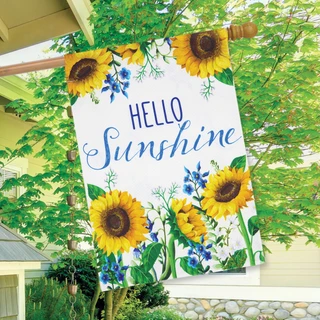 Briarwood Lane Hello Sunshine small printed burlap house flag with colorful sunflowers and blue flowers.