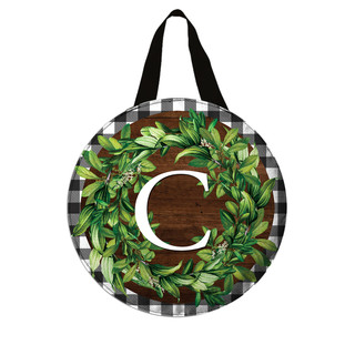 Briarwood Lane monogrammed letter C wreath door hanger with greenery and checkered border.