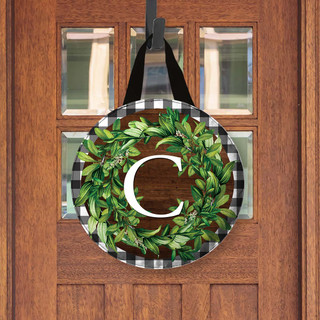 Briarwood Lane monogrammed wreath with greenery on checkered background, perfect for farmhouse porch decor display.