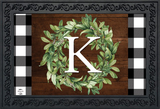 Briarwood Lane Wreath Monogram Letter K doormat with black and white checkered border indoor outdoor use.